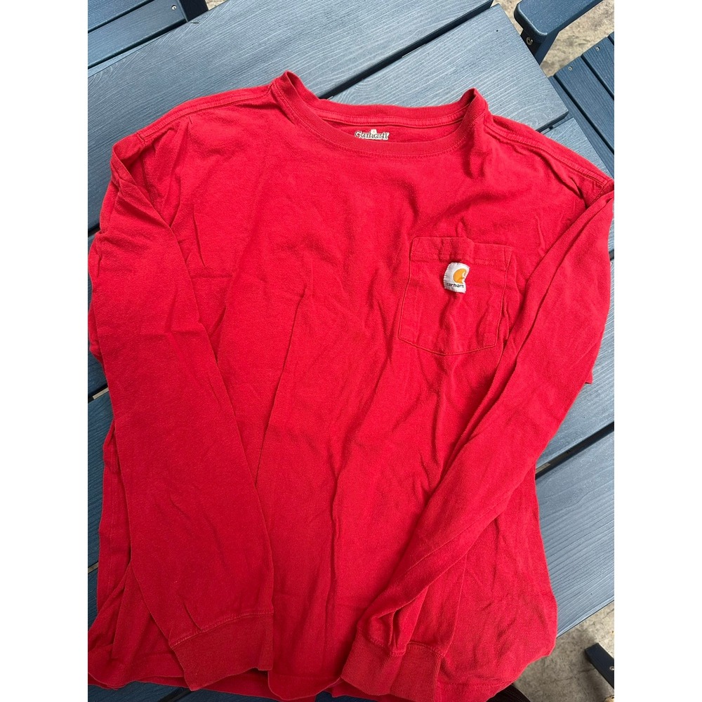 Carhartt Mens Long Sleeve Pocket T-Shirt Red Cotton Workwear Tee Size L